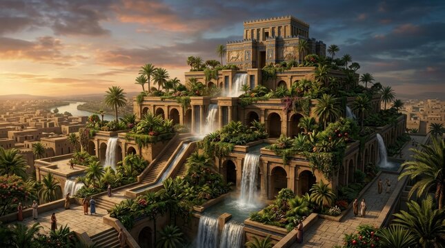 Hanging Gardens of Babylon ziggurat with cascading waterfalls and lush vegetation