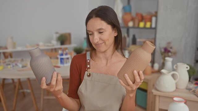 Woman in apron holds two ceramic vases and squints while comparing them in a studio; uncertainty decision making.