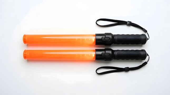 Two orange batons lying parallel on white surface