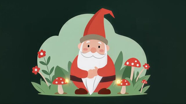 Cute Garden Gnome Illustration With Glowing Fireflies In The Forest