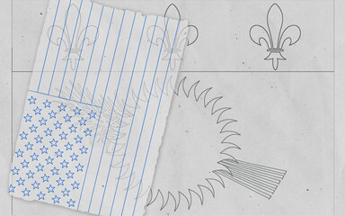 Textured Background with Torn Lined Paper Featuring American Flag Stars, Outlines of a Fleur de lis, and a Stylized Sun Symbol, Representing Cultural Connections © Mulkan