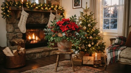 Fototapeta premium Christmas Poinsettia Arrangement in Living Room with Fireplace and Tree