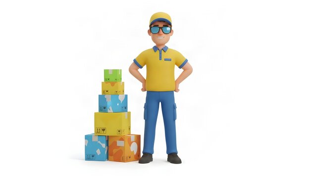 3D cartoon delivery man in yellow uniform standing next to stack of colorful shipping packages on white background for logistics