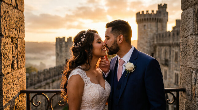 A castle as a wedding venue. Low-angle close-up: the bride and groom kissing on a castle balcony. A concept of a romantic castle wedding and fairytale love. An intimate atmosphere.