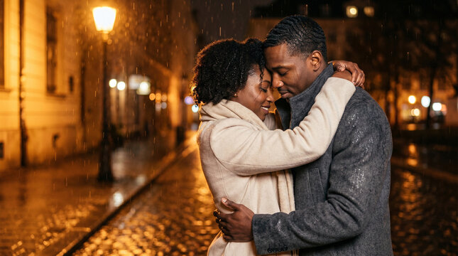 An African American couple embraces in the rain. Side view: the lovers stand in the rain without an umbrella. A concept depicting a romantic moment in the rain and passionate love.