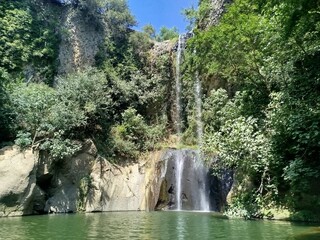 Tall Waterfall with Two Cascading Streams and Natural Pool in Lazio, Italy © juliusse
