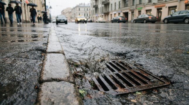 Rainwater flowing into a storm drain on a city street
