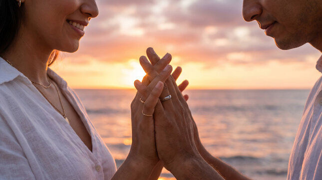 Close-up of a couple's hands. Lovers holding hands while looking out at the ocean. A concept of romantic closeness by the coast and intimate love. An intimate atmosphere.