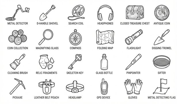 Treasure Hunting Equipment Line Art Vector Collection Black White Icons