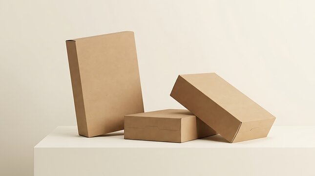 Three brown cardboard boxes on a table. blank cereal box