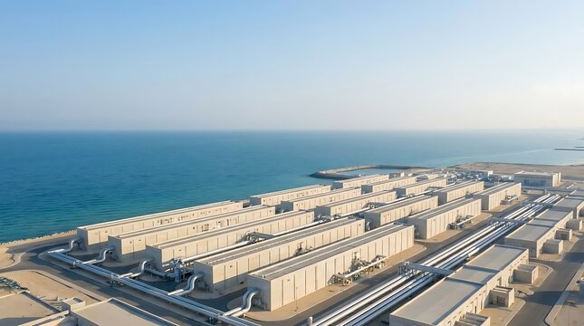 Aerial view of a large modern desalinization facility built along the coastal shore featuring industrial piping and water processing infrastructure