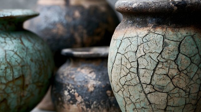 Close up of weathered ceramic pots showing cracked glaze texture with earthy tones and artisanal craftsmanship detail