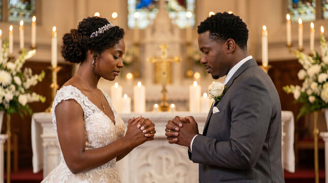 An African American couple prays together in church. Side view. The bride and groom are praying at the altar. A concept of spiritual preparation for the wedding and sacred devotion.