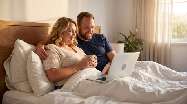Plus-size couple relaxing in bed with a laptop, cozy atmosphere and intimate moment