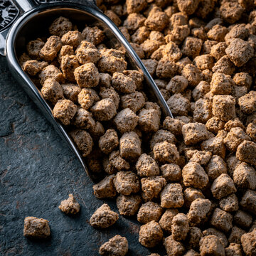 Dry Pet Kibble Spilling From Scoop Macro Overhead
