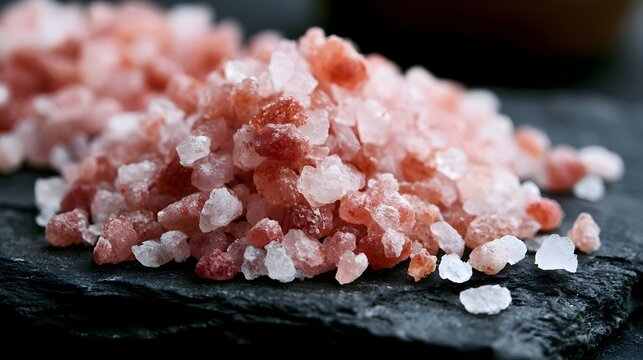 Pink salt crystals rest on dark stone surface  showcasing natural texture and subtle color variation under soft lighting