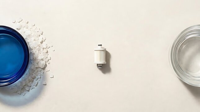 A symbolic conceptual setup featuring a small water filtration component positioned between a bowl of sea salt and a glass of pure water for desalinization