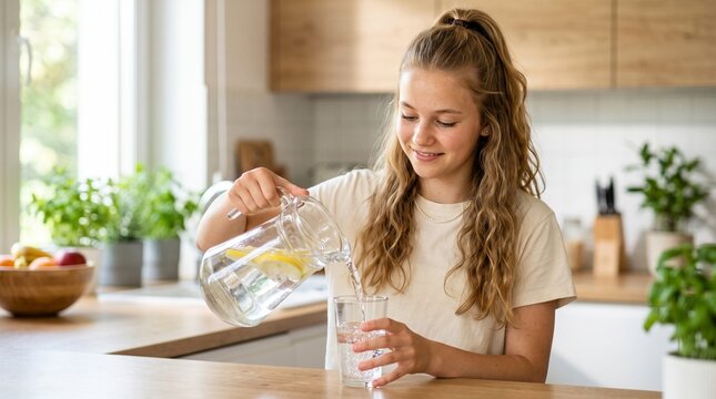 A European teenage girl pours lemon water into a glass with a cheerful expression, set against the backdrop of a modern kitchen.