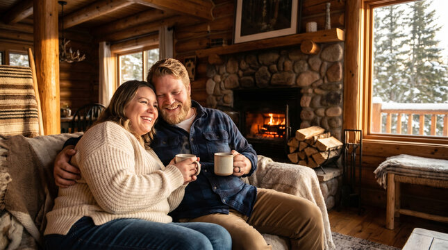A couple in a mountain cabin. Medium front shot. A plus-size couple in a mountain chalet. A concept of inclusive winter romance and body positivity. A full-figured couple.