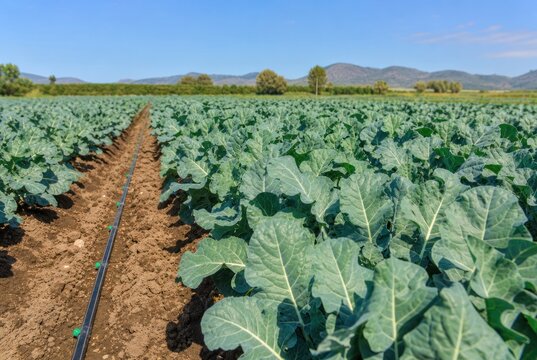 Lush green organic broccoli crop thriving in neatly irrigated agricultural field under clear blue sky, healthy farming concept