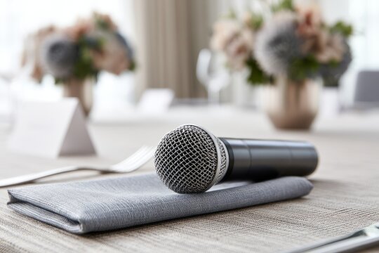 Professional microphone on napkin at event table with blurred flowers and name cards