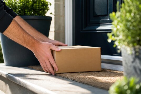 Professional delivery person placing brown cardboard package on residential doorstep with modern suburban home exterior