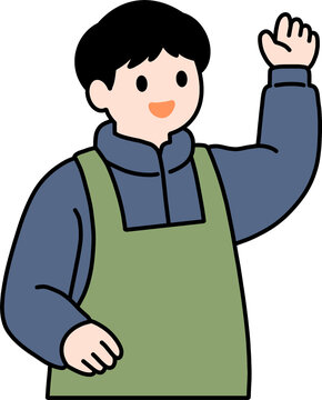Young man wearing apron waving hand greeting vector illustration, worker concept