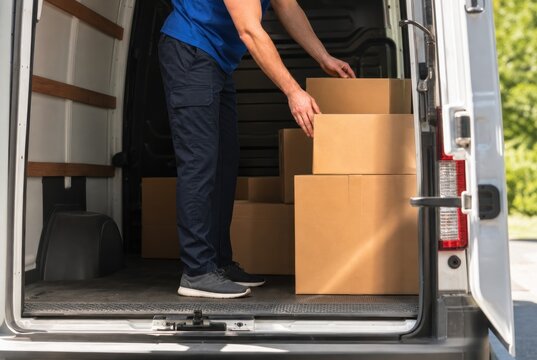 Professional delivery worker loading brown cardboard boxes into white cargo van for logistics transport during sunny day, modern courier service concept