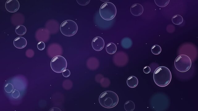 Floating translucent soap bubbles rising over a dark purple abstract background