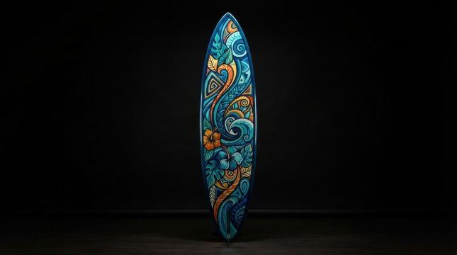 Surfboard with tropical floral and wave patterns