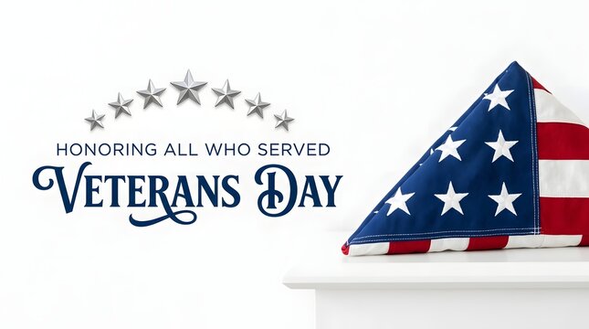 Veterans Day banner honoring all who served with folded American flag and silver stars on white background