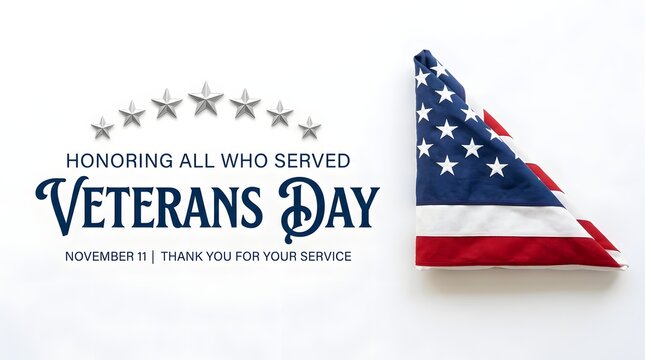 Veterans Day banner honoring all who served on November 11 with folded American flag and stars on white background