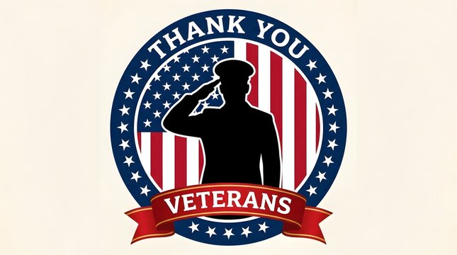 Thank You Veterans round badge design with saluting soldier silhouette and American flag background