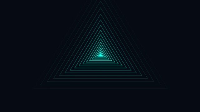 Abstract infinite tunnel animation with glowing neon teal triangular frames moving forward into deep dark digital space scene.