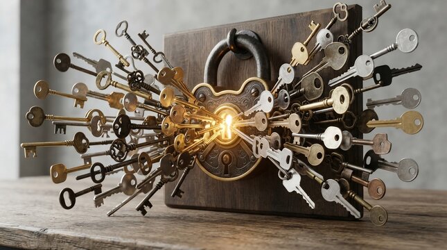 Collection of antique and modern keys surrounding a large padlock