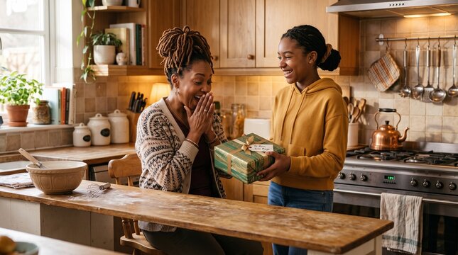 African American daughter surprises mother with a gift in a cozy kitchen setting