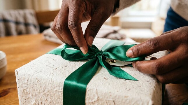 Diverse hand holding a small kraft paper gift box tied with twine, symbolizing thoughtful giving and inclusion