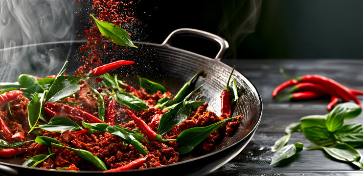 Creative food template. Spicy, dry-fry thai minced pork chili chilli with basil frying on Traditional wok with dramatically tossed with ingredient scattered on wooden table. copy text space