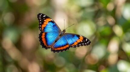 Fototapeta premium Blue and orange butterfly in flight