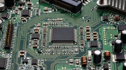 Fototapeta premium Close-up of a green electronic circuit board with microchip