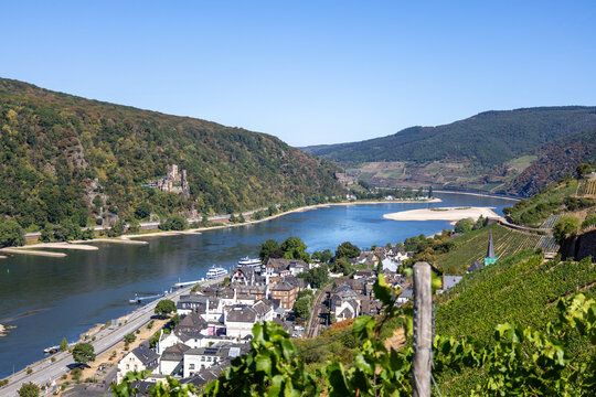 August 2026, Extremes Niedrigwasser am Mittelrhein***Der Mittelrhein bei Assmannshausen mit Blick Richtung Norden