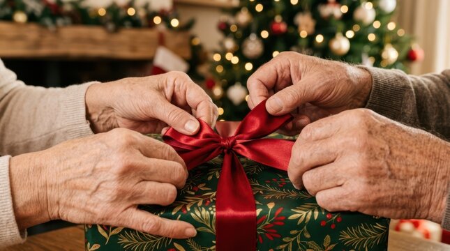 Close-up of elderly hands tying a satin red bow ribbon on a green wrapped Christmas gift box at home.