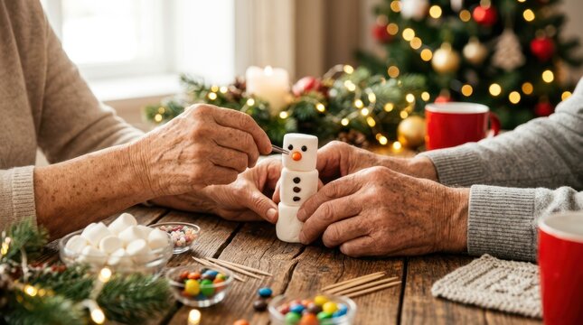 Close-up of elderly hands crafting a small marshmallow snowman at a cozy decorated holiday table.