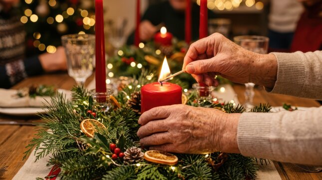 Close-up of senior hands using a match to light a red candle in a festive Christmas table center arrangement.