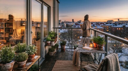 Fototapeta premium Woman relaxing on balcony with city view at winter sunset