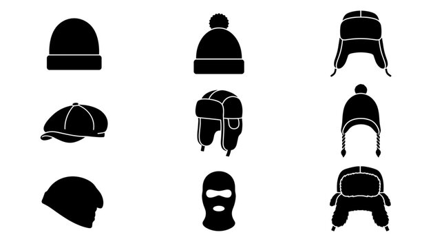 Winter Hat Silhouette Icon Set With Beanie, Trapper Hat, Balaclava and Cold Weather Headwear