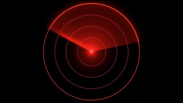 Bright red radar sweeping animation scanning circles on dark background for tactical military detection video footage