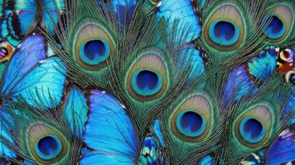 Fototapeta premium Collage of bright blue butterflies and peacock feathers