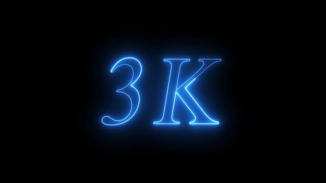 Glowing Blue Neon 3K Followers Social Media Milestone Celebration Text Overlay Animation Isolated on Dark Black Background - Futuristic 3000 Subscribers Achievement Counter Graphic Element