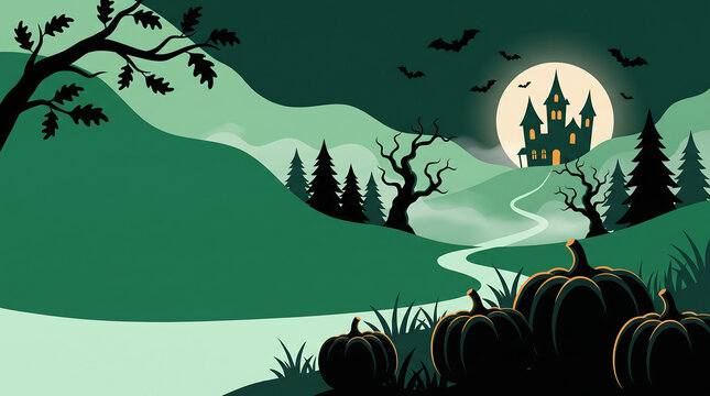 Haunted Halloween manor at night with full moon and flying bats over eerie forest landscape
